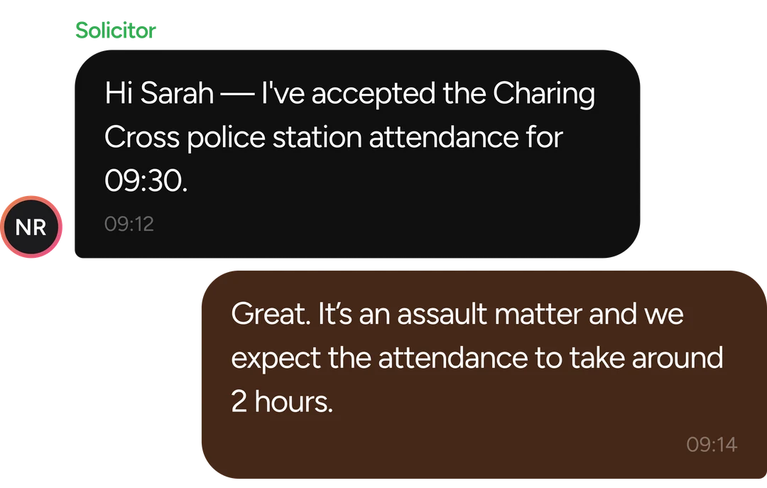 Chat between a client and a solicitor about a police station attendance