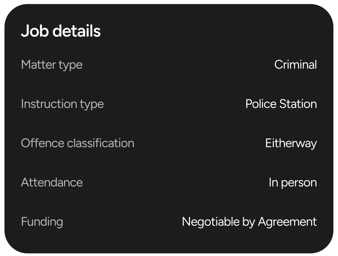 Job details card listing matter type, instruction type, offence classification, attendance and funding
