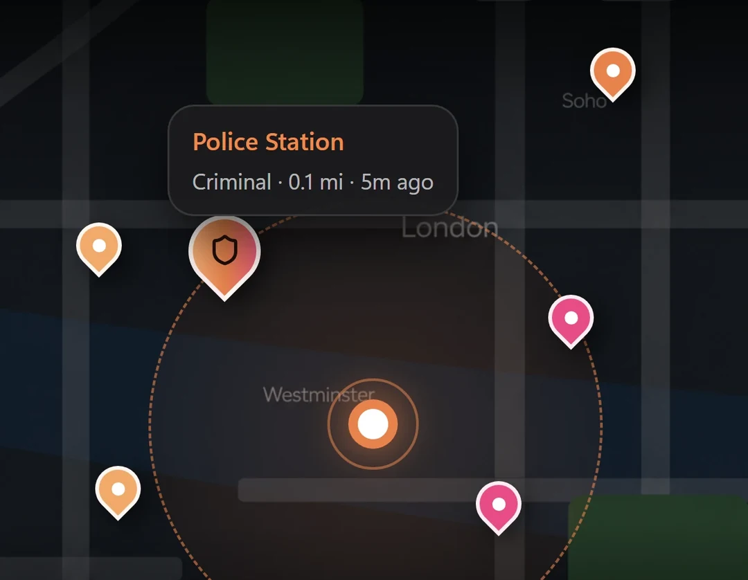 Map of nearby cases around your location, with a police station attendance highlighted